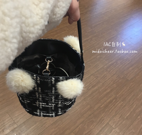 Winter Limited Edition Rabbit Fur Crossbody Bucket Handbag - Woolen Bag with Rabbit's Small Tail - Unique Collaboration Design