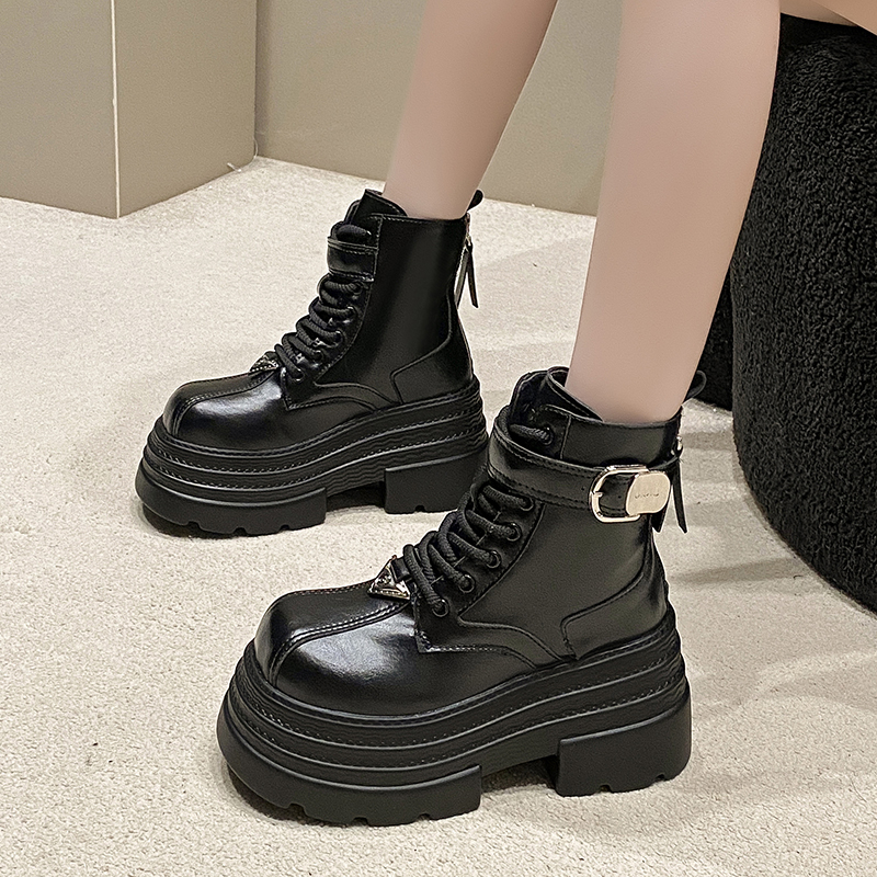 Women's 10cm Martin Boots - Plush Slim Short Thick-Soled Height-Increasing Autumn Winter 2024 Style for Petite Fashion