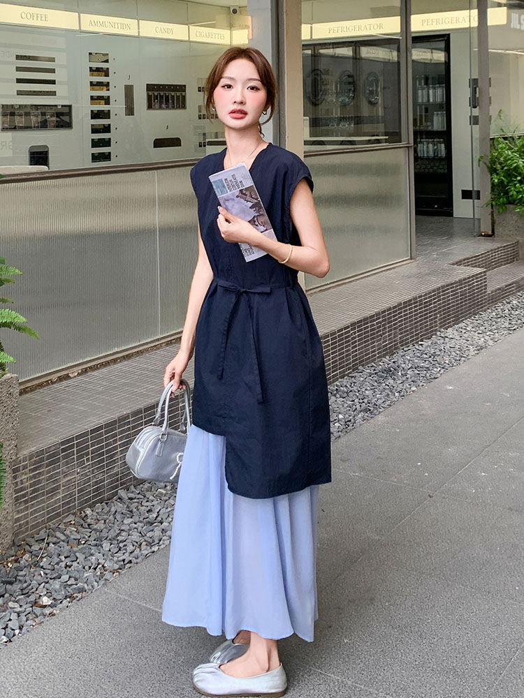 Women's 2025 Summer V-Neck Two-Piece Sling Dress Set, Loose Fit Casual Style, Trendy Summer Fashion