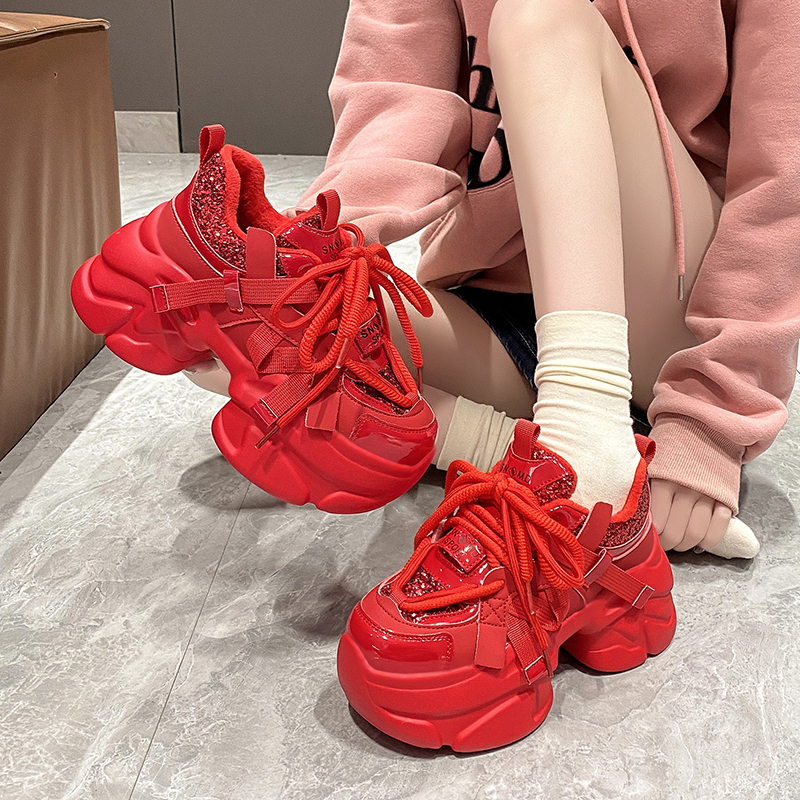 Women's 8CM Thick-Soled Casual Dad Shoes - Plush Sports Sneakers for Autumn Winter 2023, Trendy European Style