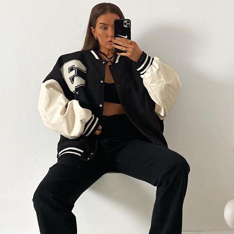 Women's American Retro Black Baseball Jacket - Sweet Cool High Street Pilot Style for Spring, Spicy Short Design
