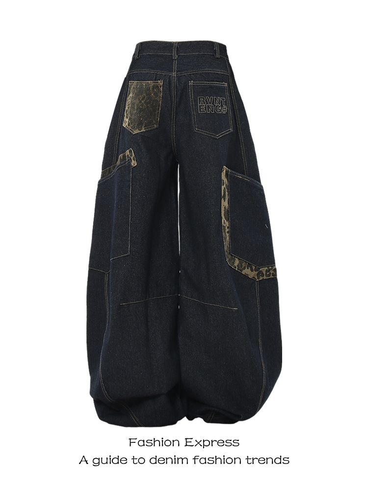 Women's American Retro Deconstructed Leopard Print Cargo Jeans - Autumn Winter Style, Loose Banana Scythe Pants