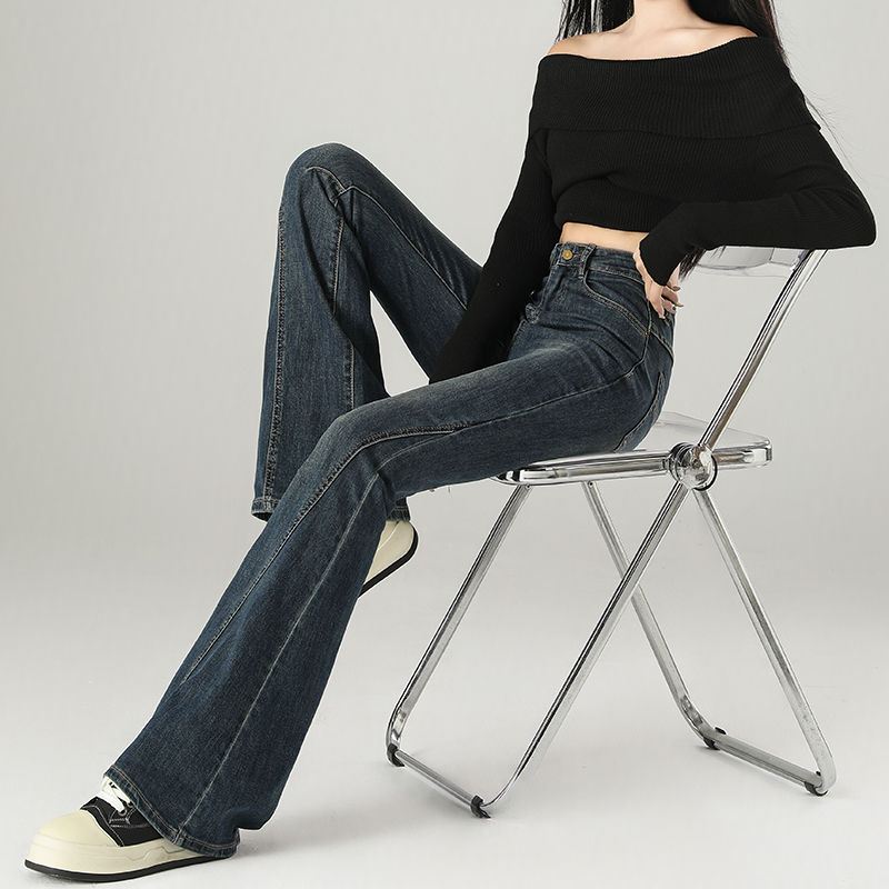 Women's American Retro Fleece-Lined Flared Jeans, Spliced Stretchy Slimming Draped Pants for Autumn Winter 2024