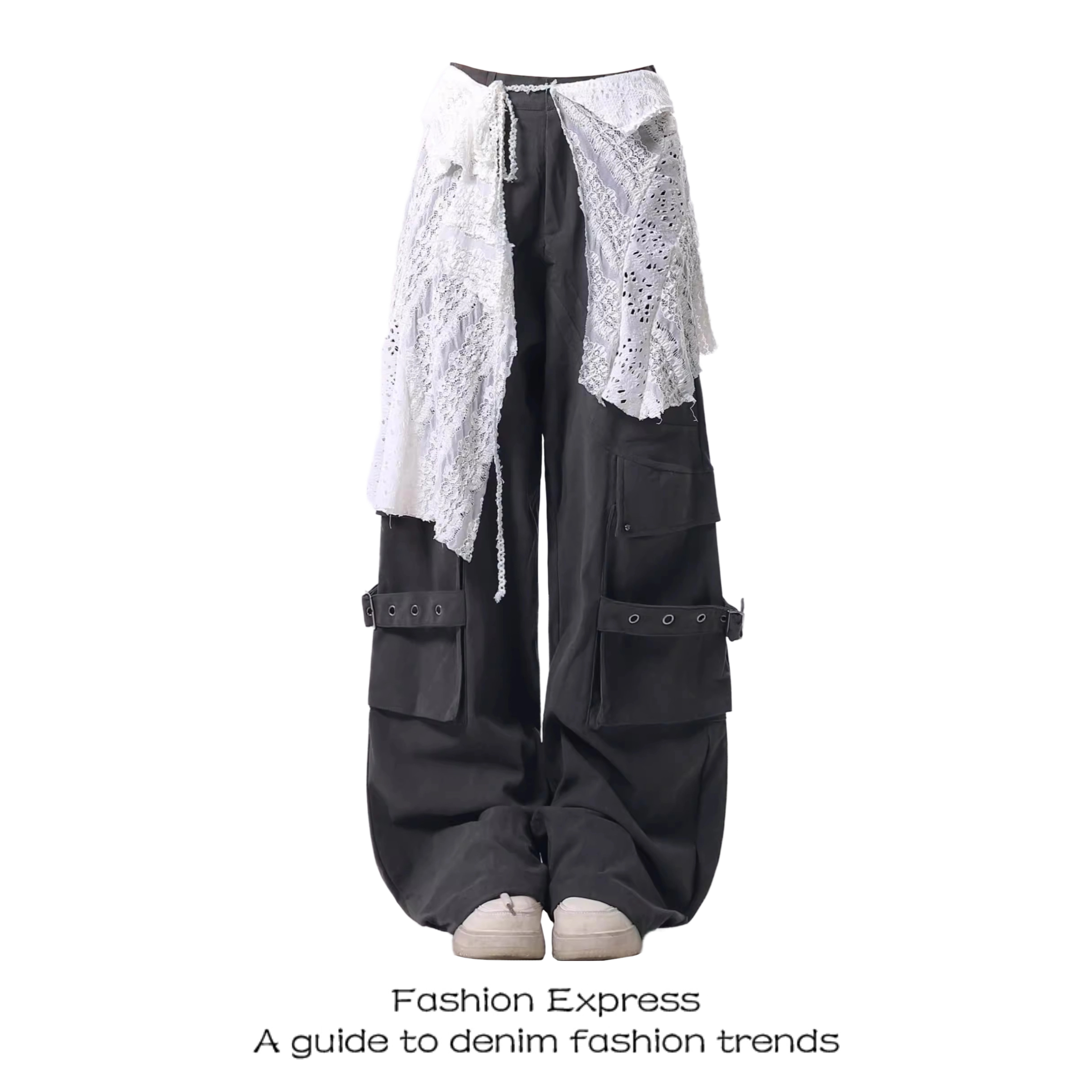 Women's American-Style Lace Hem Wide-Leg Pants with Large Pockets - Trendy Loose Draping Spring Workwear