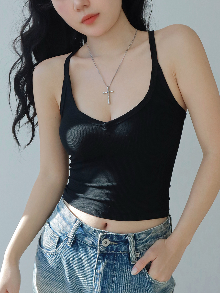 Women's Basic V-Neck Ribbed Knitted Camisole - Sexy Solid Color Slim Fit, Versatile Style for 90s and Y2K Fashion