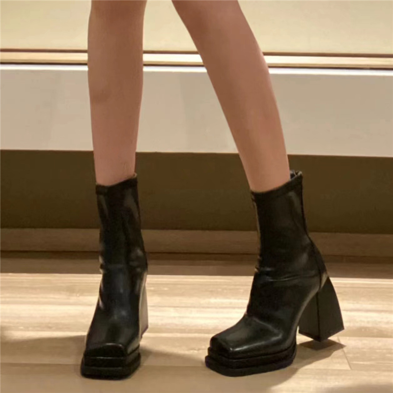 Women's Black Chunky Heel Short Boots - Waterproof Platform Martin Boots with Square Toe & Back Zipper for Autumn/Winter 2023