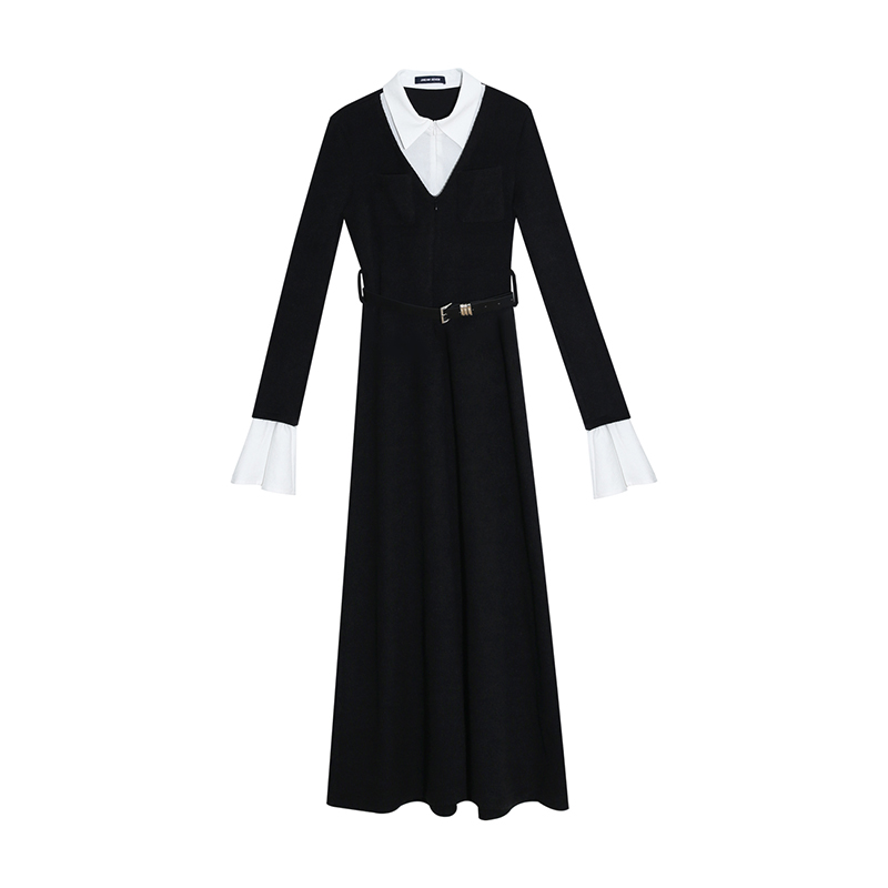 Women's Black Faux Two-Piece Knitted Dress, Long Sleeve A-Line Skirt, Autumn 2025 Fashion, Trendy Niche Style