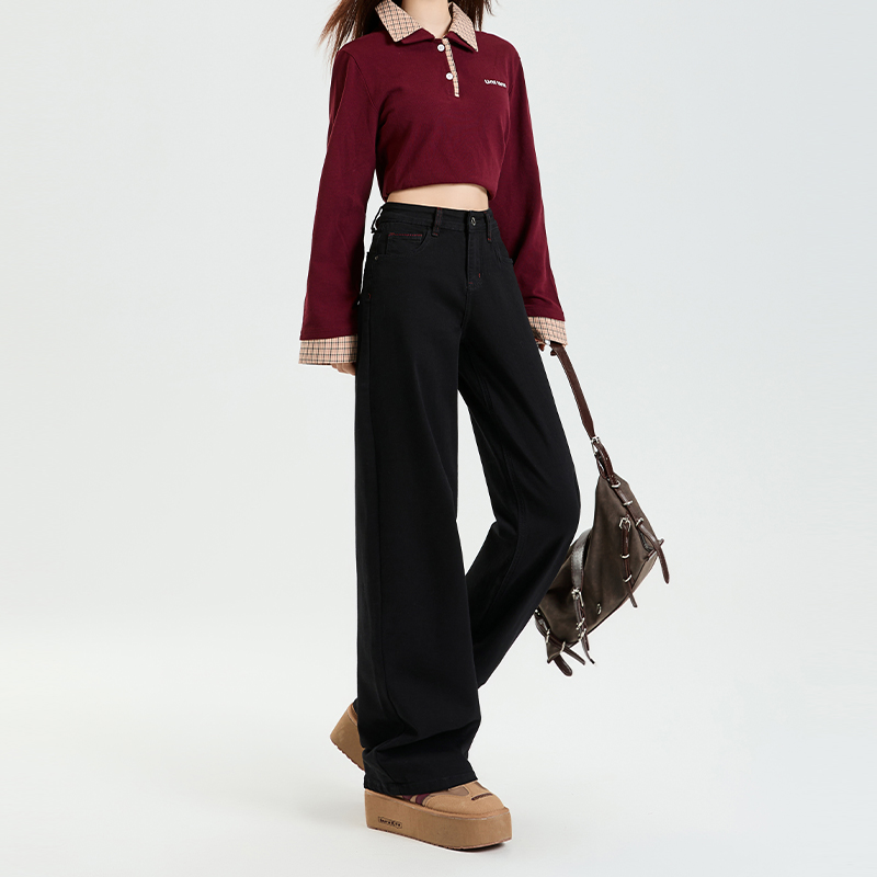 Women's Black Fleece-Lined Straight-Leg Jeans, Slim-Fit, Height-Enhancing, Floor-Length - 2024 Autumn Winter Style