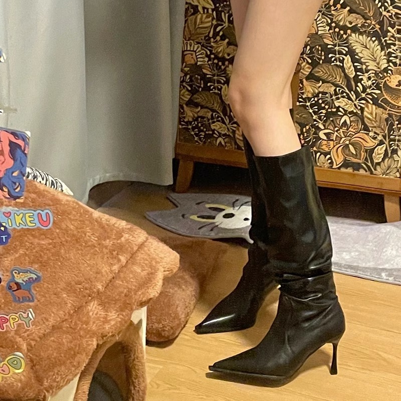 Women's Black Genuine Leather Over-the-Knee Pointed Toe Pleated Slouchy Boots with Thin Heel - Trendy European & American Style