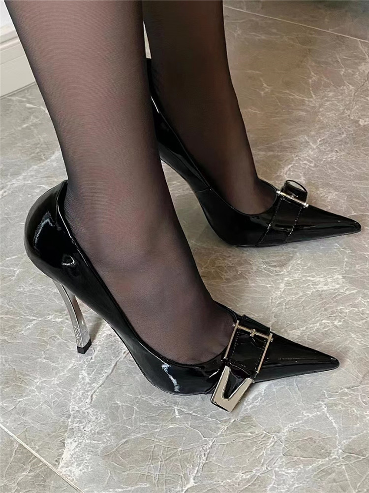 Women's Black Patent Leather Stiletto Heels with Metal Buckle - Pointed Toe Sandals for Autumn Winter 2024 - Sexy Professional Style