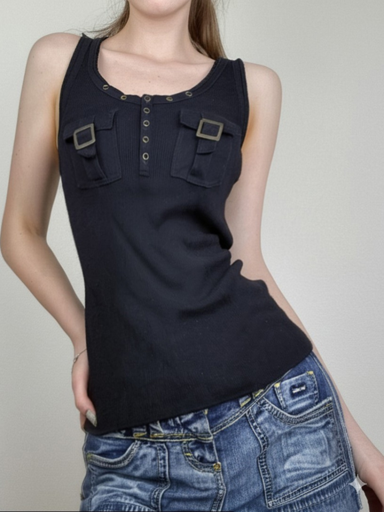 Women's Black Ribbed Sleeveless Vest - Stylish Workwear Top, Versatile Waist-Defining Design, Cool Fashion Essential