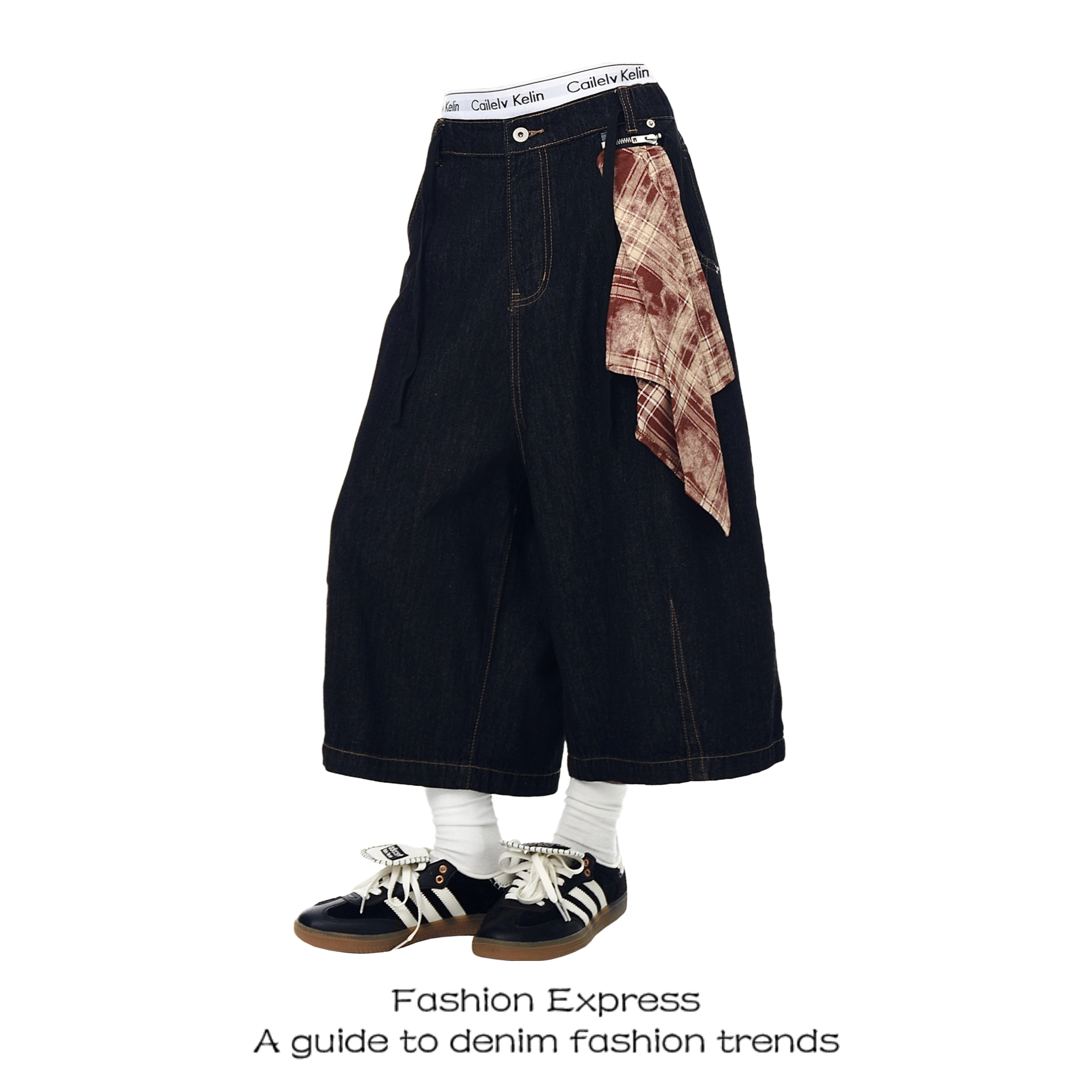 Women's Black Three-Quarter Wide-Leg Denim Shorts with Detachable Square Scarf - 90s American Retro Summer Style