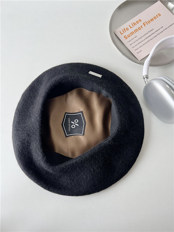 Women's Black Woolen Beret Hat - Elastic Sweatband, Small Logo, Flattering Painter's Style for Autumn and Winter Fashion