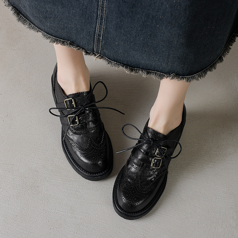 Women's British Style Lace-Up Brogue Leather Shoes, Genuine Sheepskin, Round Toe, Chunky Heel, Belt Buckle Loafers