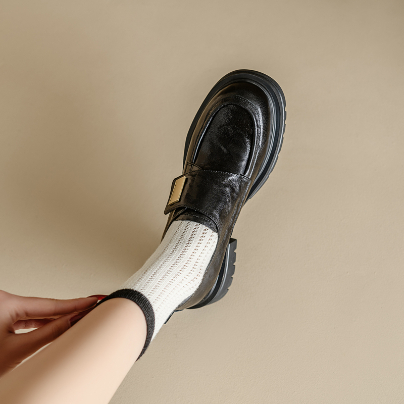 Women's British Style Thick-Soled Loafers, Chunky Heel Retro Leather Flats, Versatile Velcro Casual Shoes for Petite, Genuine Leather