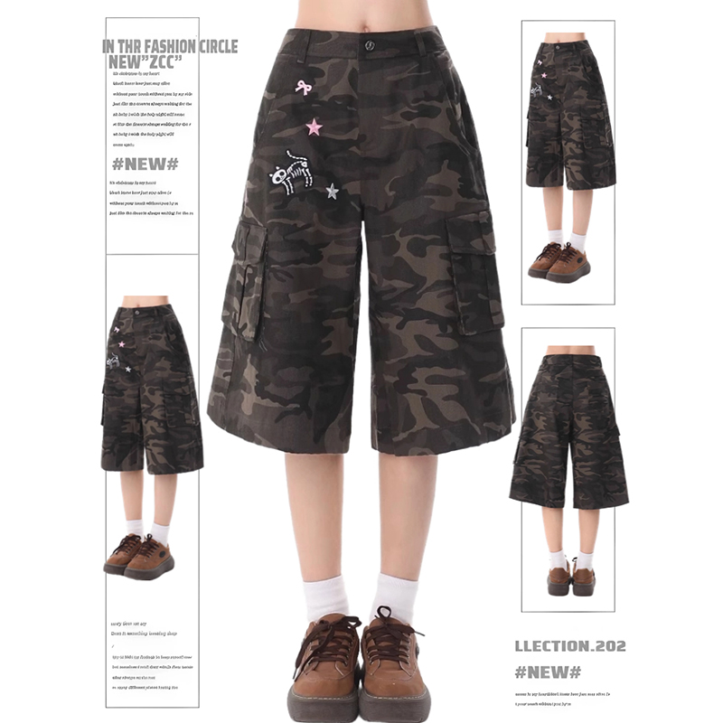 Women's Camouflage Multi-Pocket Five-Point Shorts - Retro American Style, Loose Fit, Casual Summer Fashion 2025