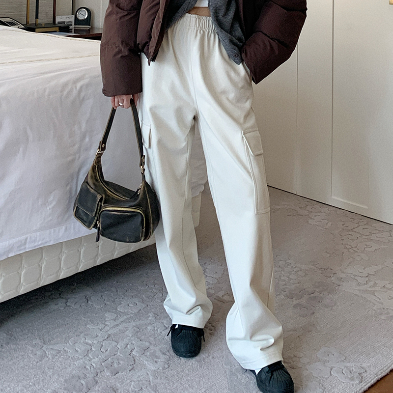 Women's Casual Draped Sweatpants - American-Style Work Pants, Straight Loose Fit, White, Autumn Winter 2023 Fashion