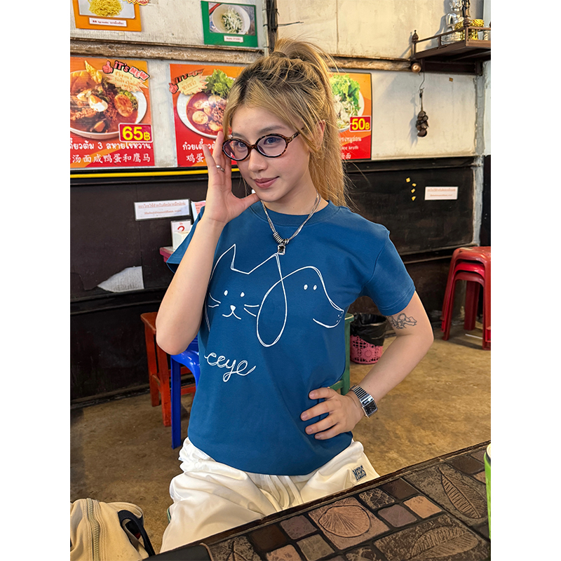 Women's Casual Short Sleeve T-Shirt with Round Neck, Simple Line Drawing, New Summer Style, Trendy 90s Fashion