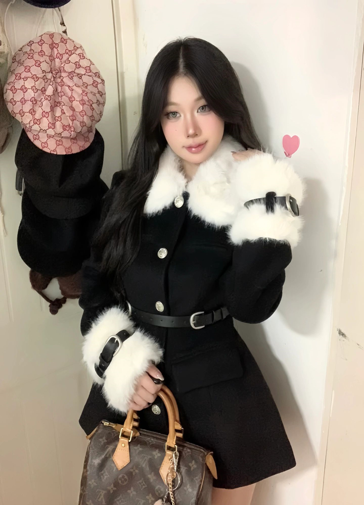 Women's College Style Short Woolen Coat with Waist-Cinching Design and Fur Collar for Autumn and Winter Fashion