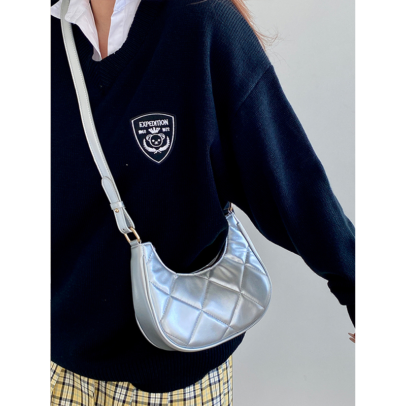 Women's Crescent Underarm Bag - Silver Embroidered Small Bag - Exquisite Korean Design for Spring/Summer 2025 Fashion