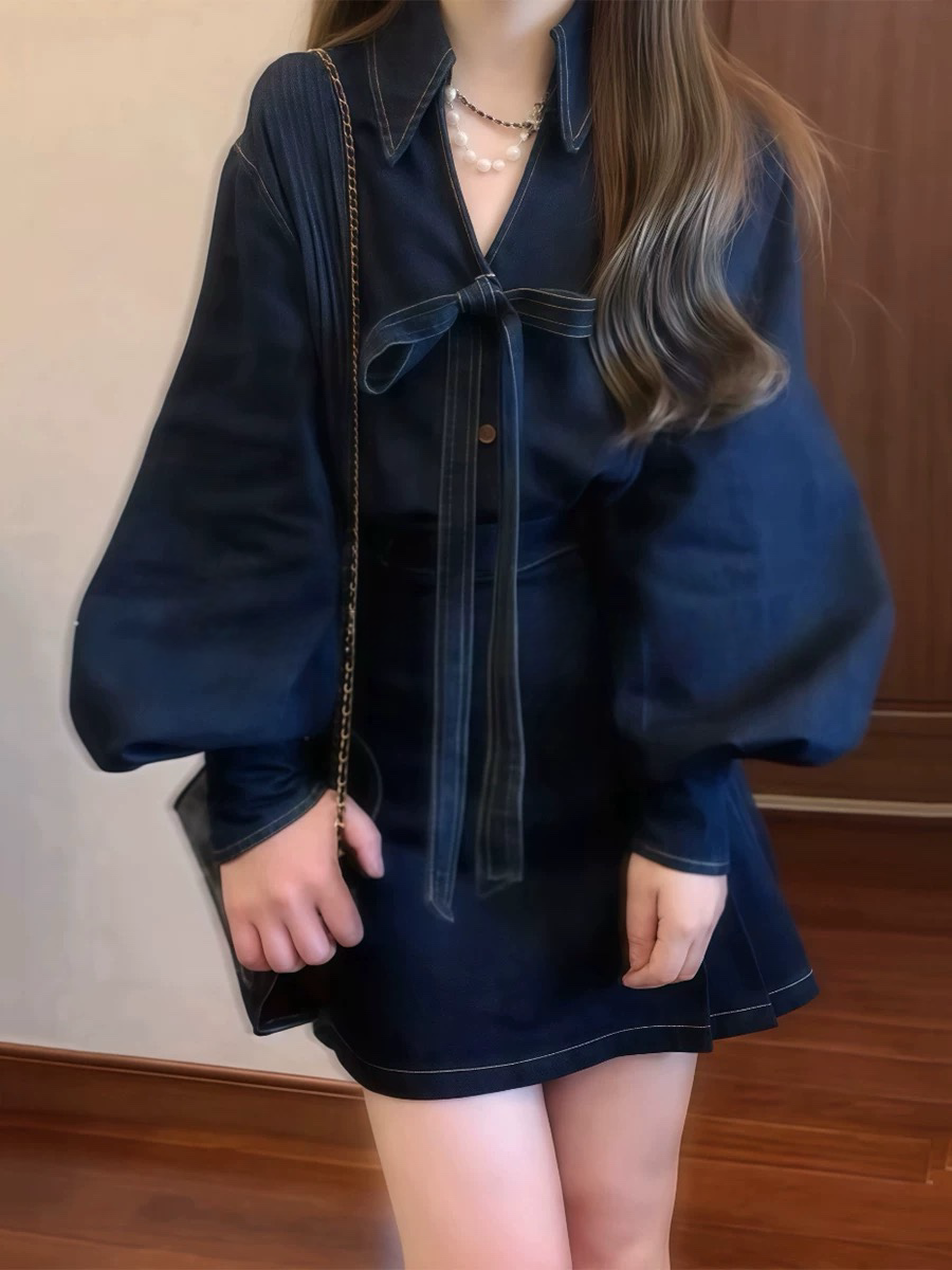Women's Denim Suit Set - Korean Style Bow Tie Coat & A-Line Skirt - 2023 Autumn Winter High-End Fashion Two-Piece Outfit