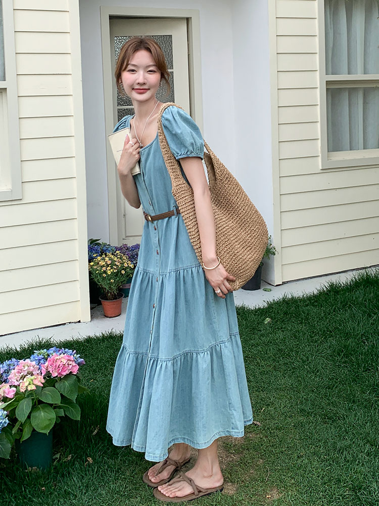 Women's French Puff Sleeve Denim Dress - Retro Sweet Waist-Cinching A-Line Long Skirt for Summer 2025, Y2K Trend