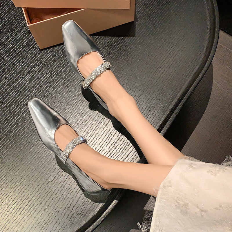 Women's French Style One-Strap Mary Jane Shoes in Genuine Leather, Rhinestone Flat, Square Toe, Spring/Summer Fashion