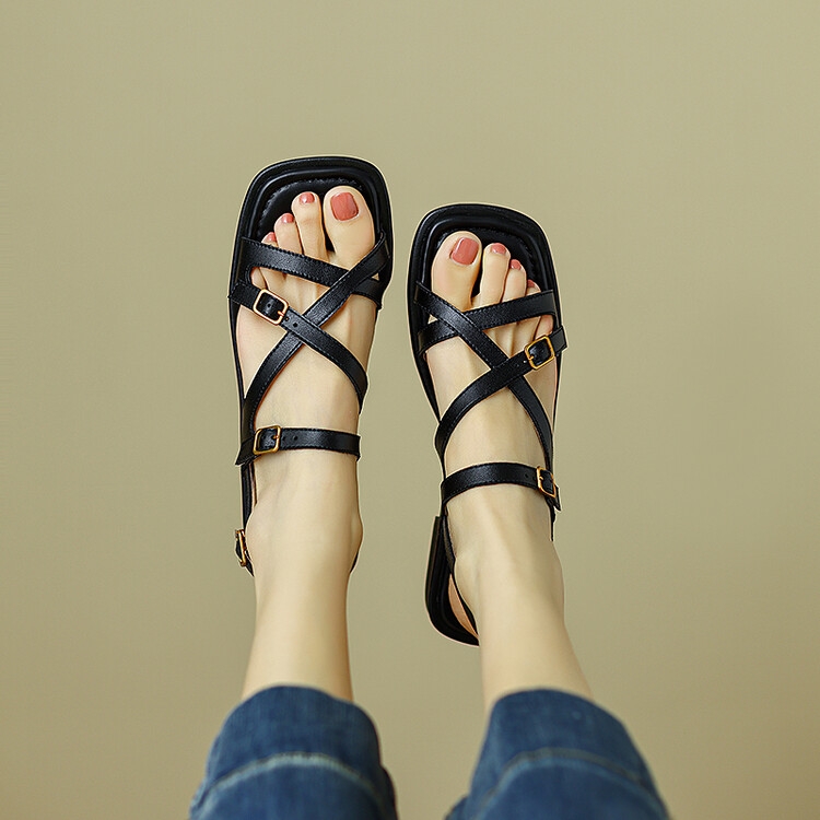 Women's Genuine Leather Cross Strap Flat Sandals, Open-Toe Roman Style Beach Shoes, Versatile Summer 2024 Footwear, Sizes 41-43