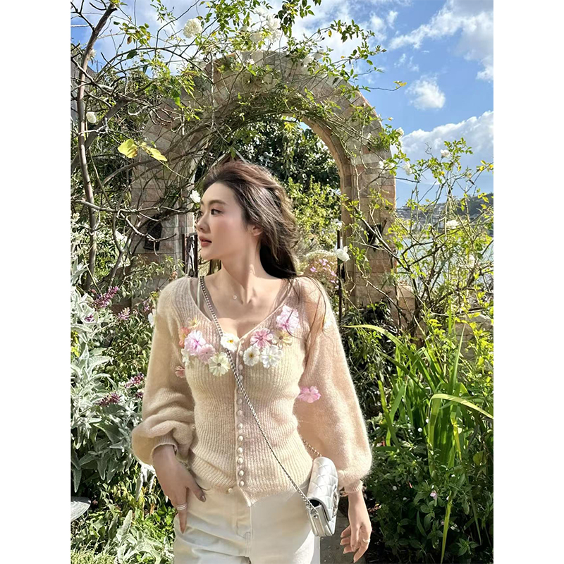 Women's Handmade Floral Long Sleeve Knitted Cardigan - Flared Sleeve Sweater Coat for Y2K and Korean Style Fashion