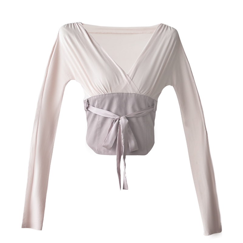 Women's High-End Spliced Tie Long Sleeve V-Neck T-Shirt - Ballet & Socialite Style, Waist-Defined Design