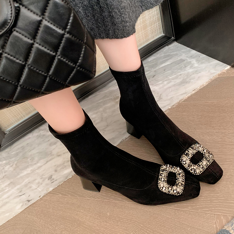 Women's High-Heeled Chunky Heel Suede Ankle Boots with Flashy Rhinestone Square Buckle and Square Toe - Glamorous Fashion Statement