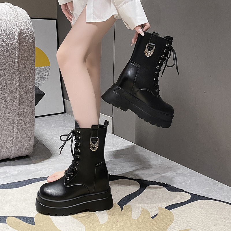 Women's High-Top Martin Boots - Thick-Soled British Style Mid-Calf Ankle Boots for Short Stature, Trendy Spring Autumn Footwear