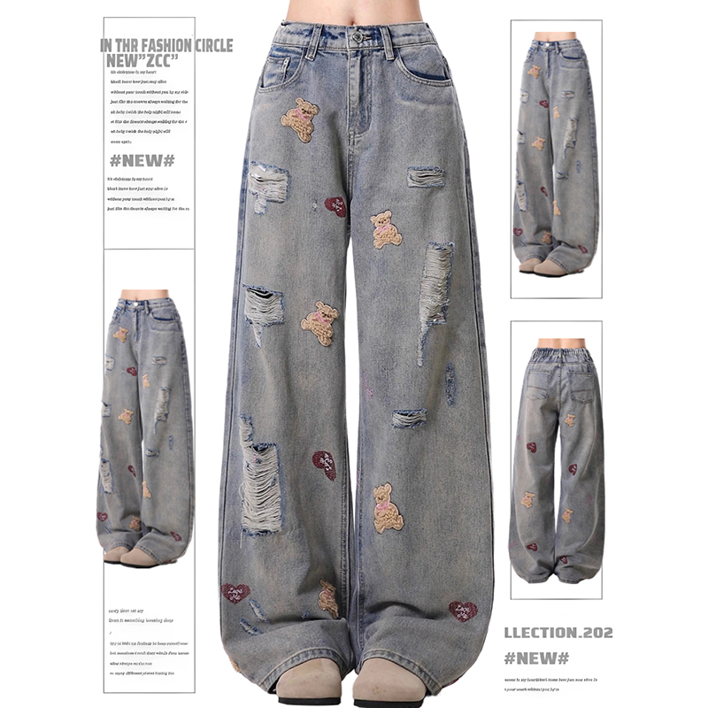 Women's High-Waisted Ripped Jeans with Bear Embroidery - Trendy Wide-Leg Pants for Spring and Autumn 2025, American High Street Style