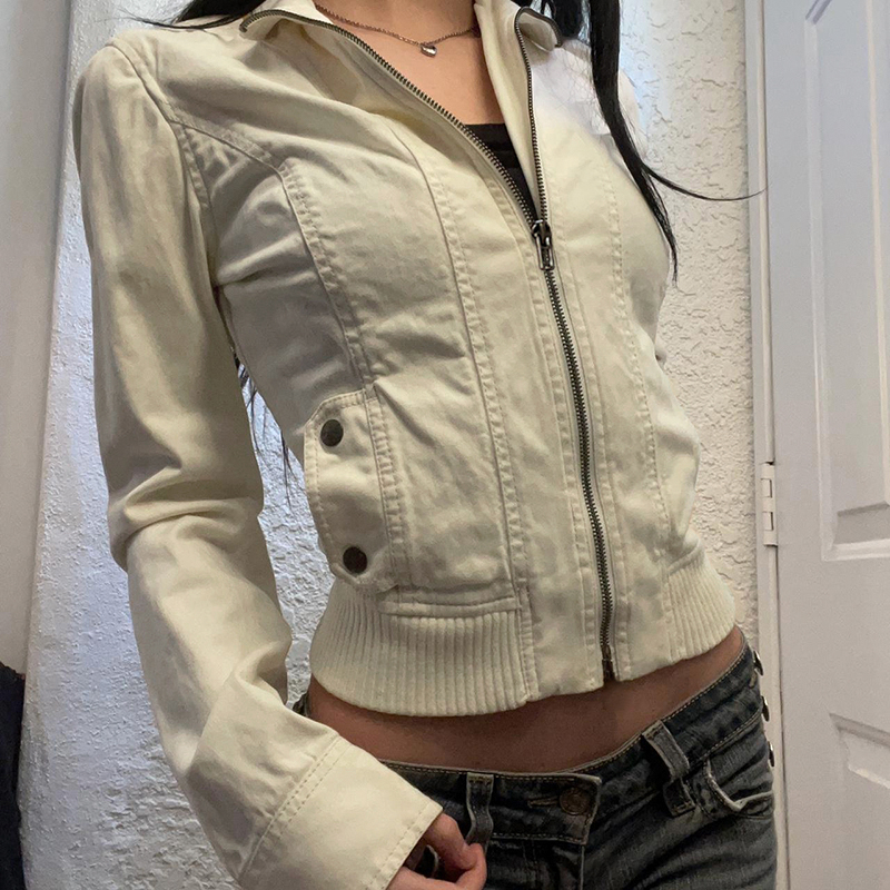 Women's Industrial Style Zipper Jacket - Deconstructed Splicing, Slim Fit, Cinched Waist, Short Coat with Pockets