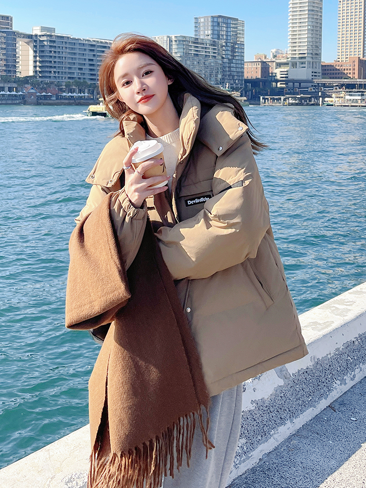 Women's Khaki Hooded Down Jacket, 2024 Winter New Style, Loose Fit, College Style, 90% White Duck Down, Petite Size