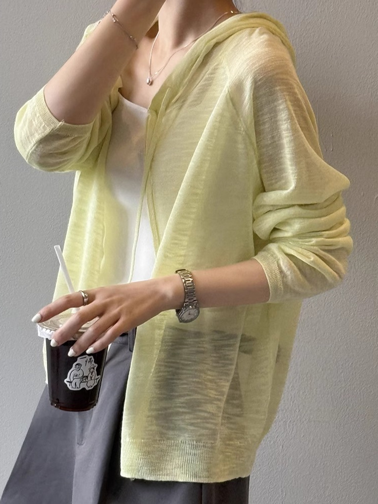 Women's Lightweight Knitted Hooded Sun Protection Shirt - Loose Summer Cardigan Top for 2025, Perfect for Casual Outings