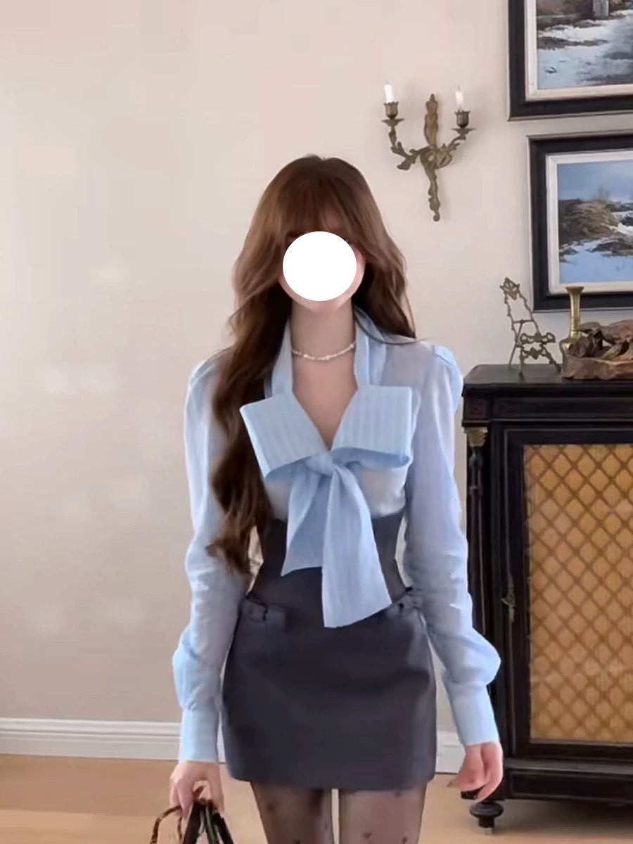 Women's Long Sleeve Rhinestone Bowknot Shirt and Waist-Cinching Slim-Fit Two-Piece Set, Autumn Sweet Design, Chic Niche Style