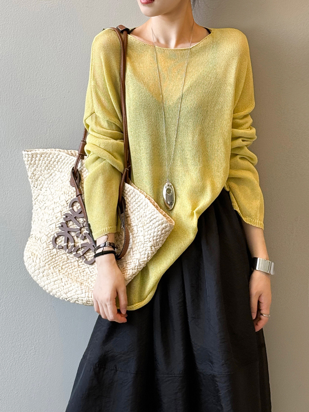 Women's Loose-Fit Knitted Sweater - Thin Linen Blend, Long Sleeve Round Neck, 2025 Summer Sun Protection Cover-Up