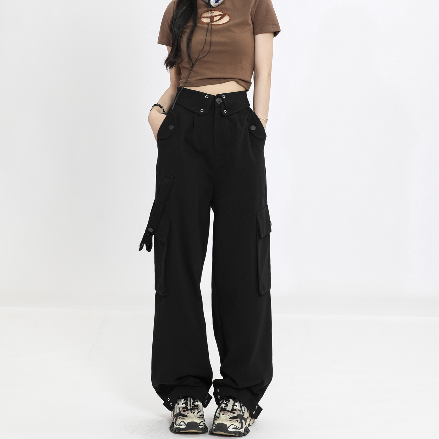 Women's Multi-Pocket Straight Work Pants - Spring Style Casual Waist Flip Cover Trousers for American Street Fashion