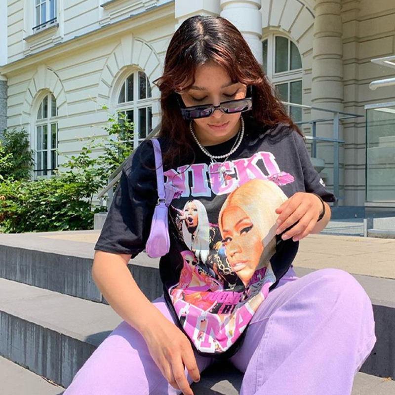 Women’s Oversized Black T-Shirt - American Retro Design, Summer Short Sleeve Top, High Street European Style