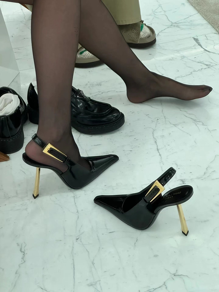Women's Patent Leather Metallic High Heel Sandals - Shallow Mouth, Thin Heel, Fall/Winter 2023, Chic Party Shoes