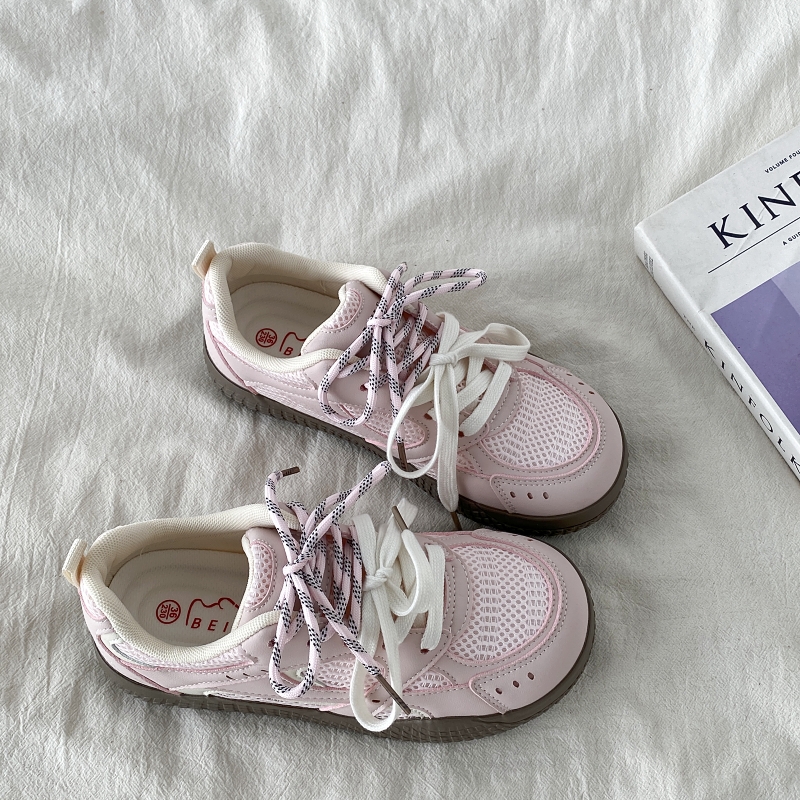 Women's Pink Mesh Panel Thick-Soled Training Shoes - Summer 2025 Breathable White Sneakers for Casual Y2K Style
