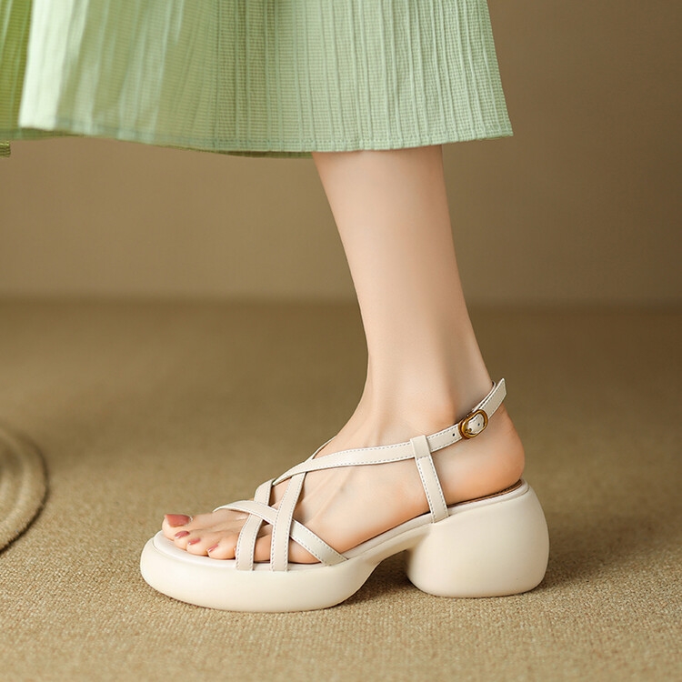 Women's Platform Thick-Soled Sandals with Cross Straps, Chunky Heels, Open-Toe Genuine Leather, Summer 2023 Fashion