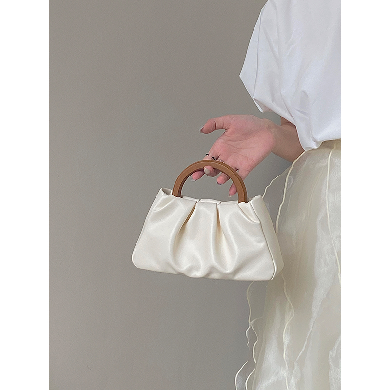 Women's Pleated Cloud Bag with Wooden Handle - Spring Summer Chinese Style Handheld Crossbody Small Bag