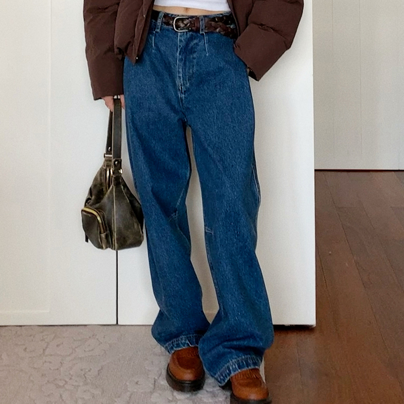 Women's Pleated Denim Pants - Casual Loose Straight Leg Trousers for Autumn Winter 2024 - Trendy 90s Inspired Style