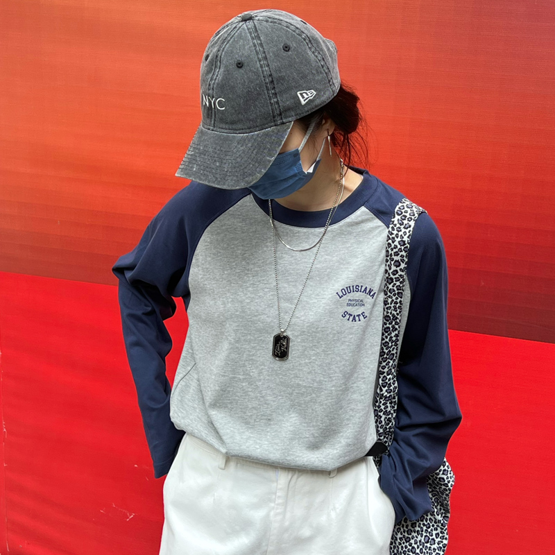 Women's Pure Cotton Color Block Long Sleeve T-Shirt - Slim Fit Spliced Design for Autumn 2022 - Trendy Everyday Wear