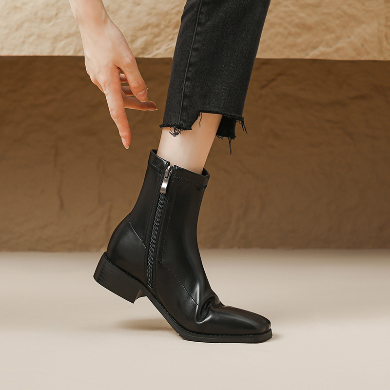 Women's Retro Chunky Heel Ankle Boots, Round Toe, Side Zipper, Slim Fit, Mid-Heel, Large Size 41-43, Versatile 90s Style