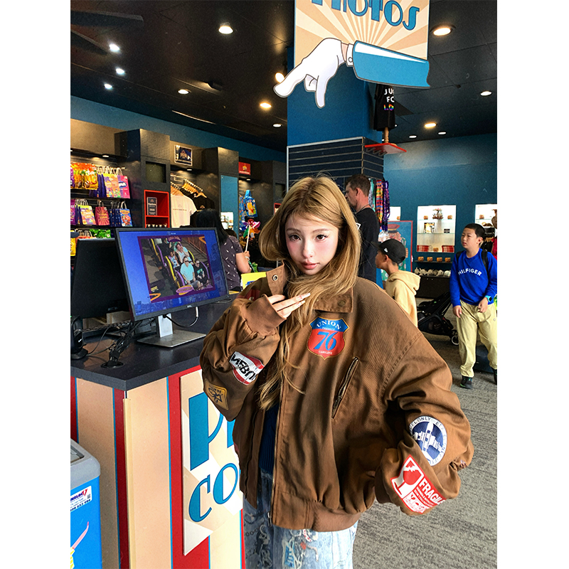 Women's Retro Flight Jacket - Loose Cotton-Padded Denim Coat, American Sweetheart Style, Winter Baseball Jacket