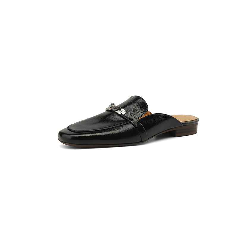 Women's Retro Slip-On Open-Toe Half Slippers - Summer Flat Soft Genuine Leather Mules with Metal Buckle