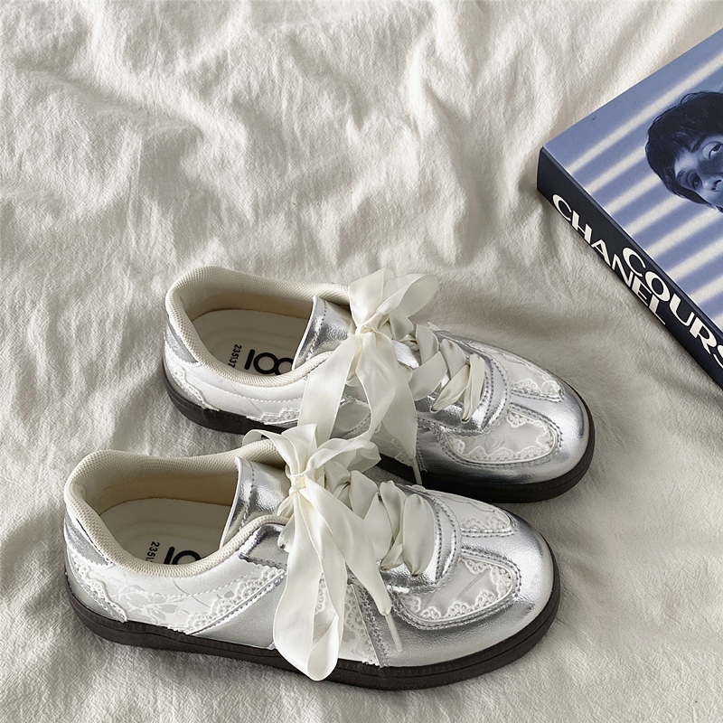 Women's Retro Thick-Soled Sneakers - Silver Lace-Up Design, Breathable White, Spring 2025 Fashion